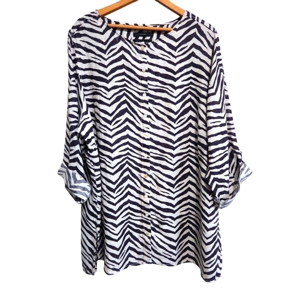EUC TAHARI LINEN PLUS SIZE 2X ZEBRA PRINT ROLL TAB SLEEVE TUNIC - Picture 1 of 8
